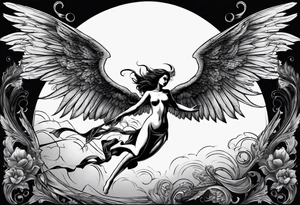 angel woman and devil woman fighting, arguing on the sky , big wings and full body, angel at the right side and have normal wing but devil woman at the left side and with bat wing tattoo idea