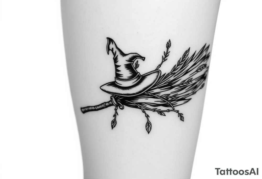 Which is broom with handle
 a witches hat with vines and feathers 
Smaller broom with hat placed on top or in the middle
Feminine and on a leg tattoo idea