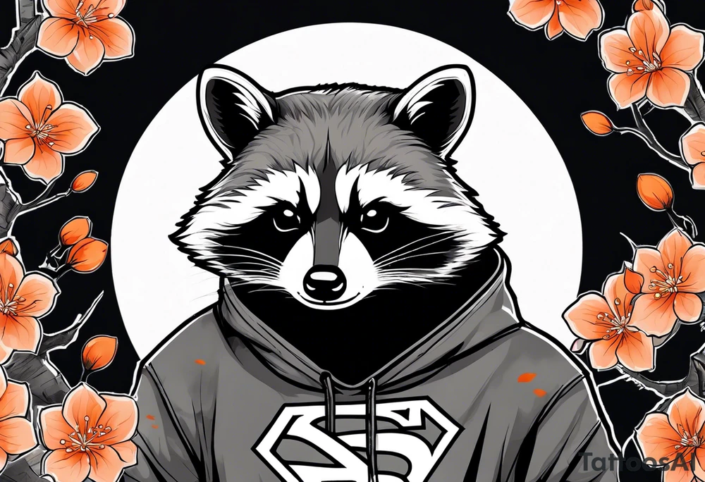Raccoon wearing a white Superman logo on a black hoodie and orange Japanese cherry blossoms tattoo idea