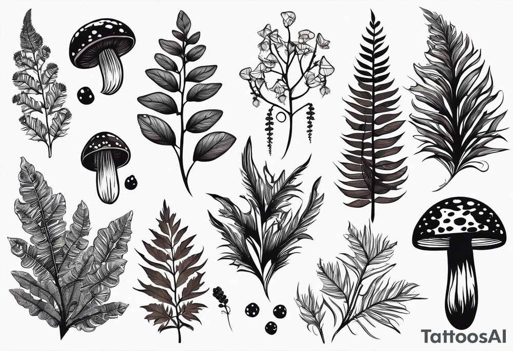 forest floor inspired minimalist tattoo, which includes grass, curly ferns, moss and dead leaves as the bulk of the tattoo. details to include: forest berries, a tiny bumblebee flying nearby, three small brown mushrooms
Generate a vertically long one tattoo idea