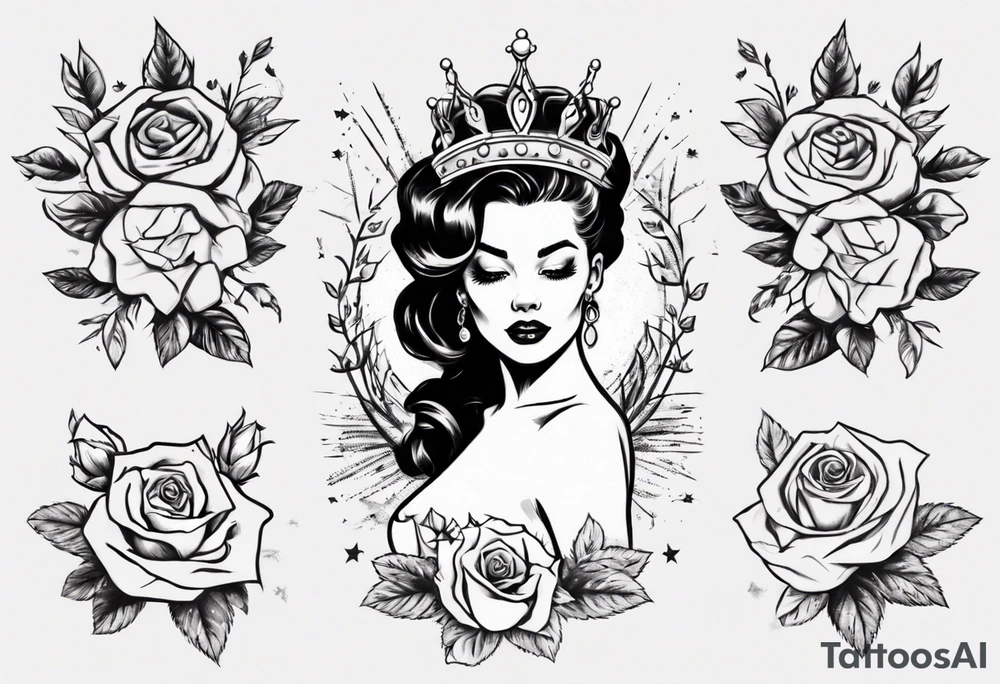 pin-up style queen wearing a crown, surrounded by rose flowers tattoo idea