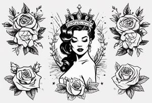 pin-up style queen wearing a crown, surrounded by rose flowers tattoo idea