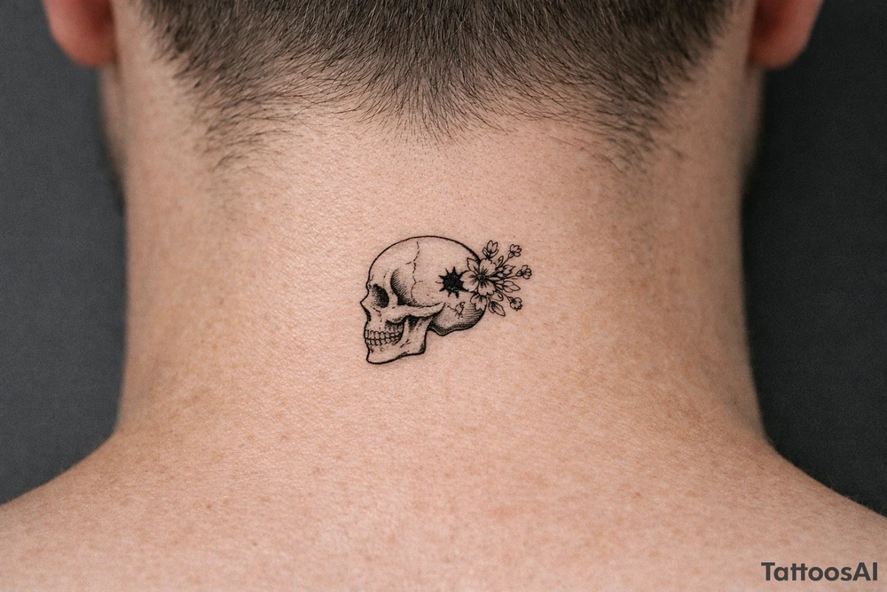Human skull, side profile, bullet hole with wildflowers spilling from the back, realism. tattoo idea