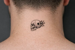 Human skull, side profile, bullet hole with wildflowers spilling from the back, realism. tattoo idea