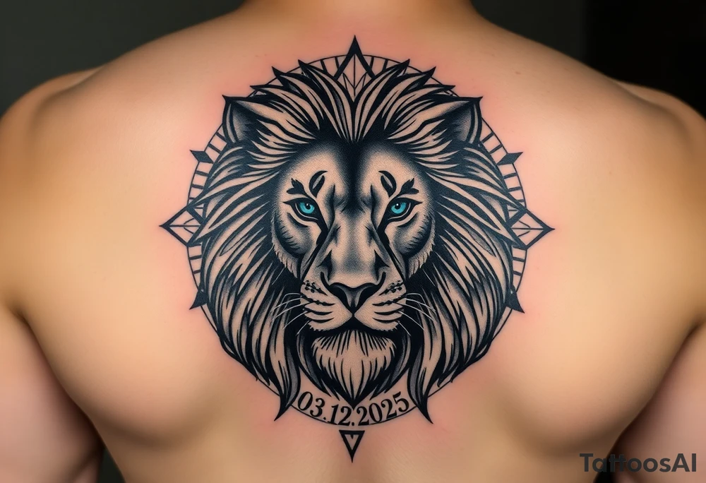 Lions face with big flowy mane in a more realism style. Placement is on the back of the leg. Blend elements of curiosity and exploration through nature elements (forest, water, etc). Also add in geometric patterns around the lion. Make the eyes blue. Hide the date 03.12.2025 in Roman numerals somewhere in the geometric patterns. Think real hard and creatively tattoo idea