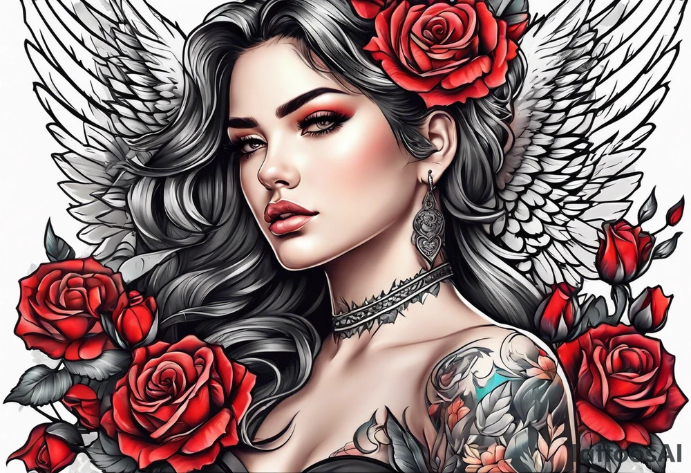 Beautiful woman angle with wings standing surrounded by roses tattoo idea