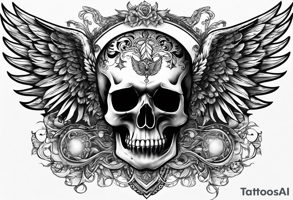 Tattooed skull with angel wings. Name Leah written under in gothic letters. tattoo idea