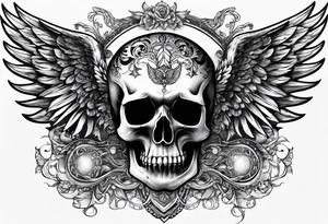 Tattooed skull with angel wings. Name Leah written under in gothic letters. tattoo idea