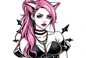 hot goth girl with puppy ears and with piercings on face and big boobs and big butt full body 
 with black outfit on with pink hair tattoo idea