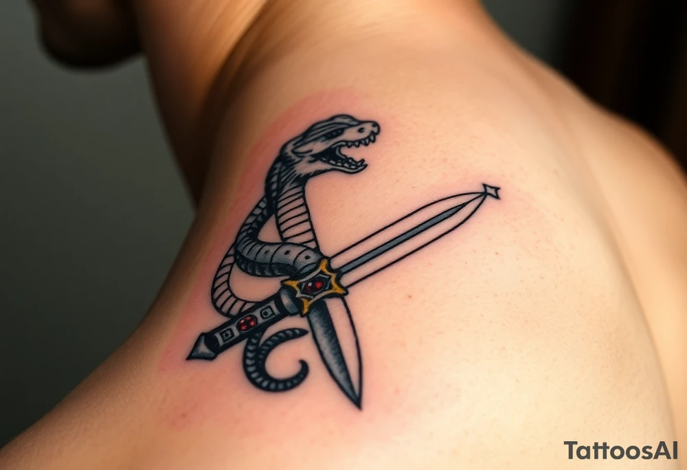 mystical snake coiled around an ancient dagger with jeweled hilt tattoo idea