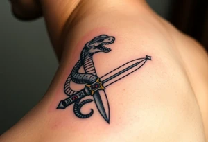 mystical snake coiled around an ancient dagger with jeweled hilt tattoo idea