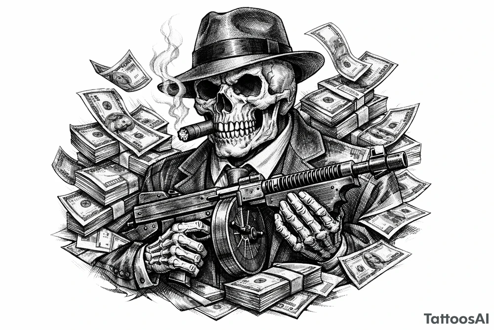 skull with cigar in his mouth,mafia-hat,machine-gun in his hands,surrounded by money. tattoo idea