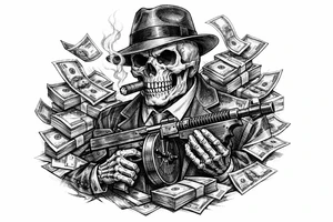 skull with cigar in his mouth,mafia-hat,machine-gun in his hands,surrounded by money. tattoo idea