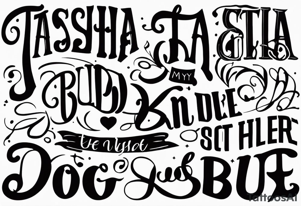 forearm tattoo lettering names of all my dogs "Tasha Katie Kiera Zeke Pixie Bud Bear" tattoo idea