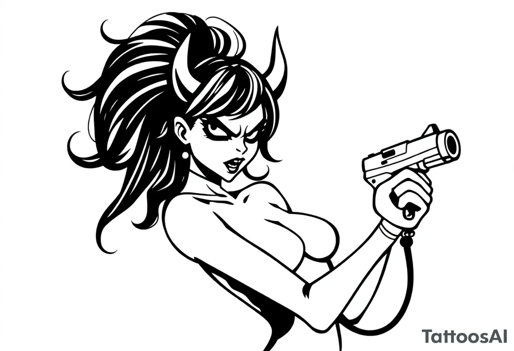 angry succubus holding gun, anime tattoo idea