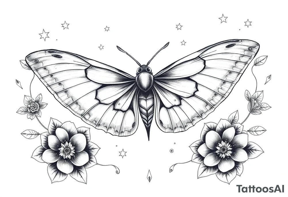 Delicate Luna moth surrounded by celestial accents tattoo idea