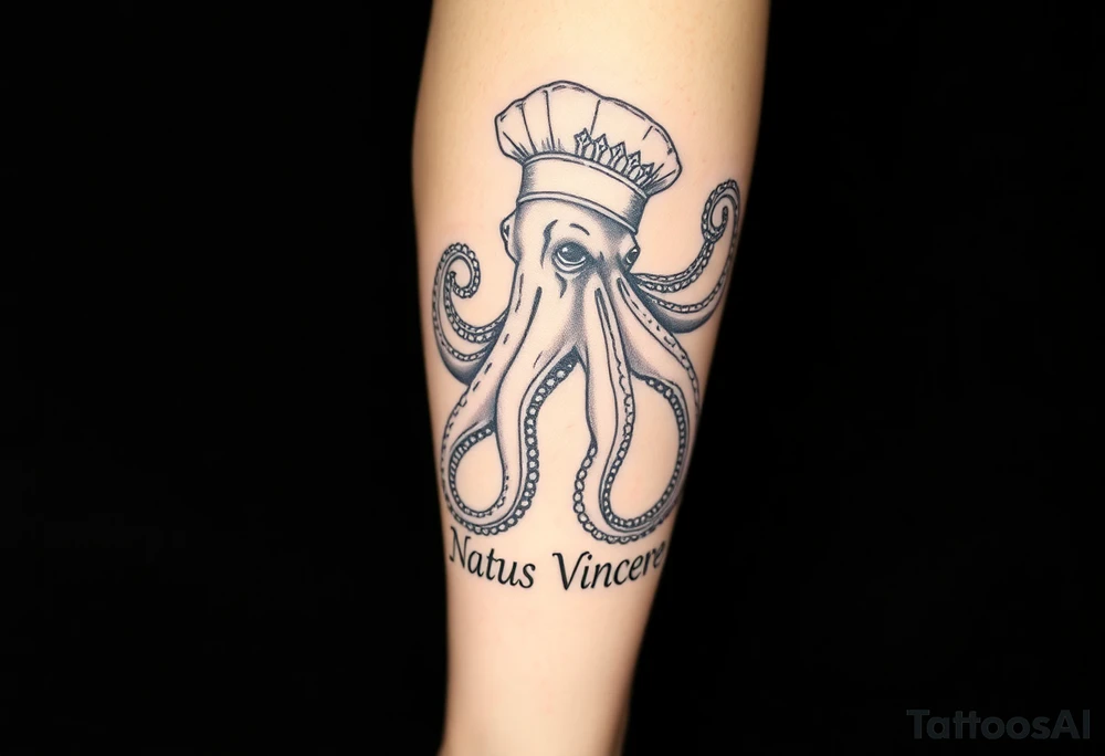 A fierce octopus on the right calf extending to the toe, with the Latin phrase Natus Vincere; the tattoo must be very realistic and the octopus must be wearing a chef's hat. tattoo idea