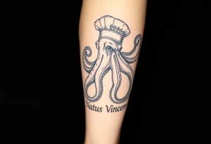 A fierce octopus on the right calf extending to the toe, with the Latin phrase Natus Vincere; the tattoo must be very realistic and the octopus must be wearing a chef's hat. tattoo idea
