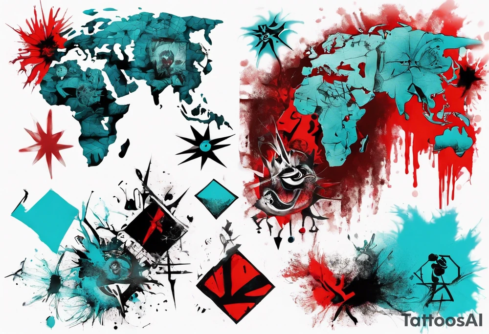 Xoil and Banksy art style, latin america, abstract,  cyan and red, acquarel, fractal, science, tattoo idea