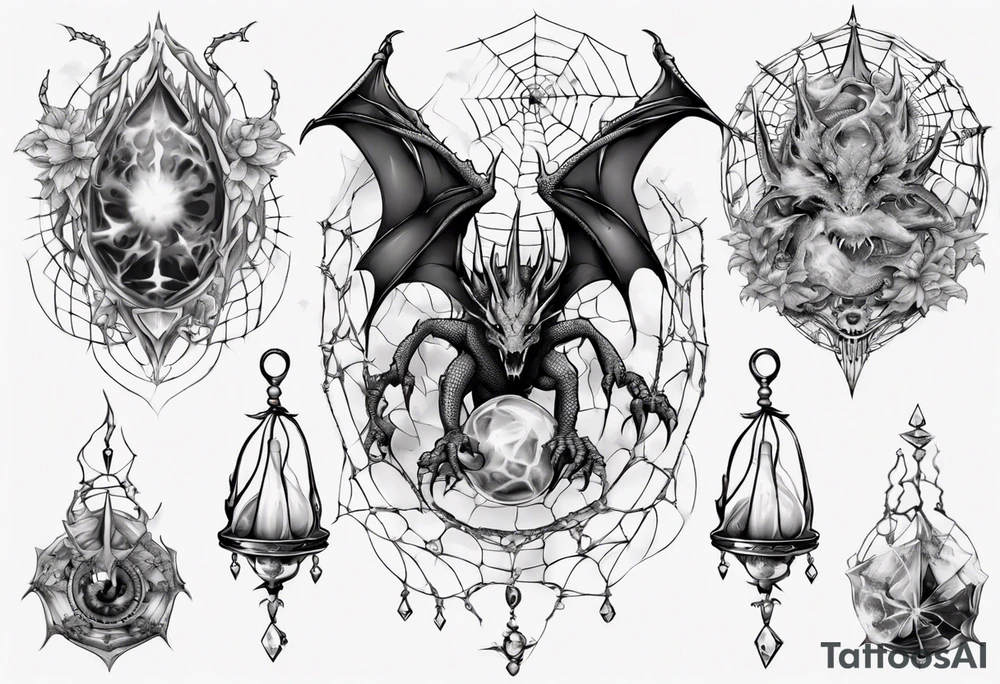 Dragon in a spiral spiderweb with jewels and shattered chalices and one spider tattoo idea