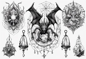 Dragon in a spiral spiderweb with jewels and shattered chalices and one spider tattoo idea