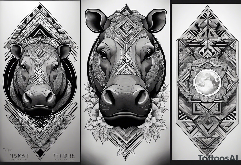 Very asymmetrical, +geometric pattern, with realistic full moon, with hippo at side look, +tribal, +geometric, +inkart , +blackwork, +grey scale, + sketch
with wintersweet flower bud, +inkart touch, +for men, detailed , combined favourite tattoo idea