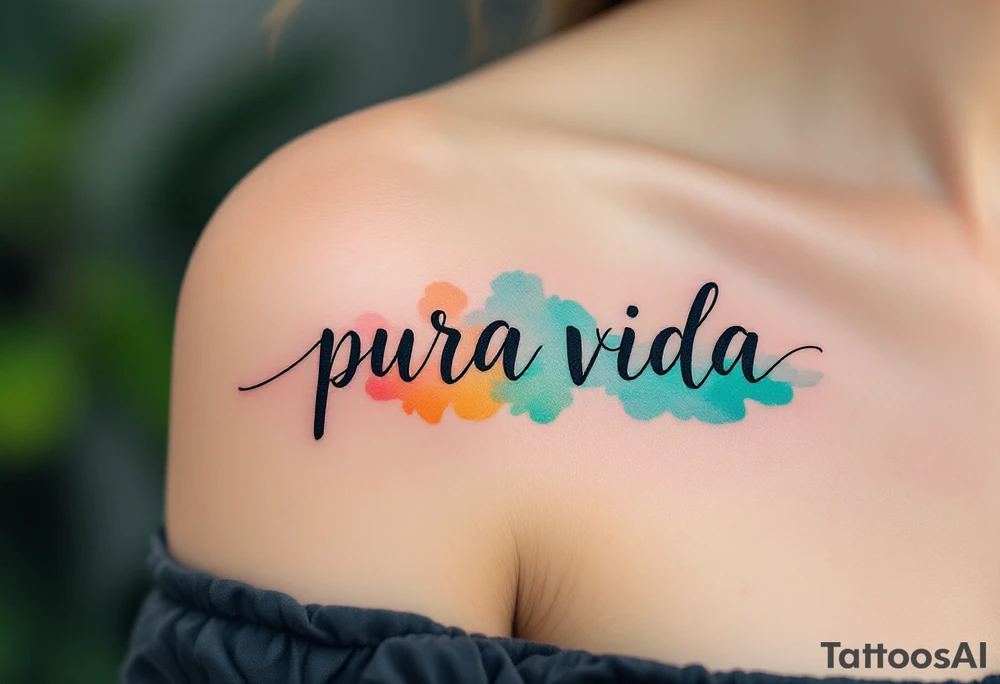 Handwritten “Pura Vida” with watercolor splashes of turquoise, sunset orange, and seafoam green. tattoo idea