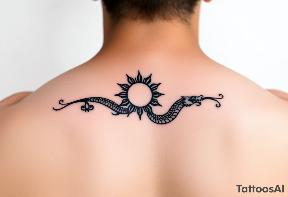 "Minimalist black tattoo band, fusion of Polynesian and Chinese styles. Greek meander base with:  
- ☀️ Simple sun (circle + 4 rays)  
- 🐉 Stylized dragon (zigzag line)  

Rules:  
- Only black ink, no shading  
- Symbols integrated into meander line  
- Seamless loop for forearm wrap  
- No small details, bold lines" tattoo idea