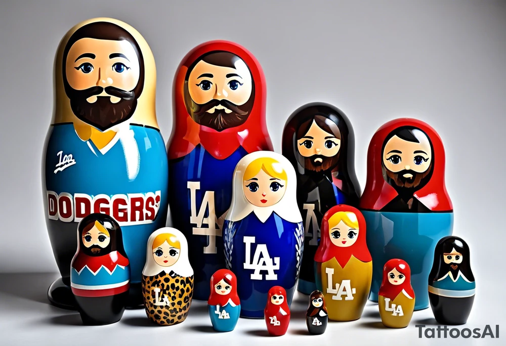 Matryoshka doll family. Each doll is different. Father (biggest doll) has full beard, blue eyes, short brown hair, loves LA Dodgers. Mother (second biggest doll) has blonde bob, blue eyes, thick rimmed black glasses, loves leopard print. Son is 4 years old, blue eyes, blonde spiky hair, loves Paw Patrol. Daughter is 2 years old, blue eyes, long eyelashes, short light brown bob, loves Bluey. tattoo idea