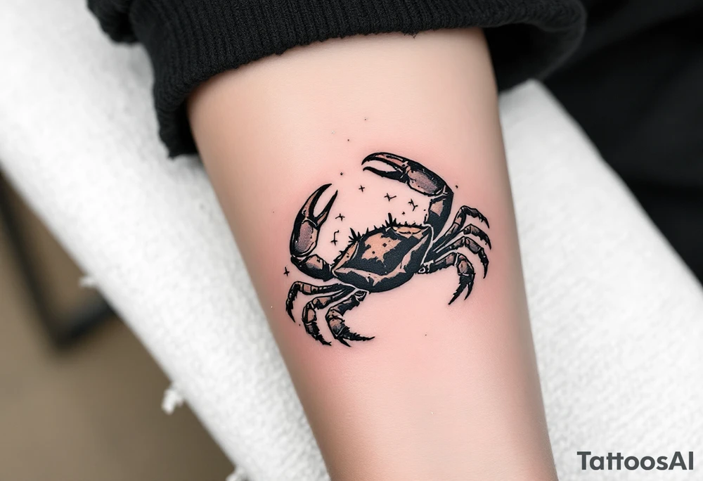 A black crab climbs along the Cancer constellation, outlined in tiny silver dots. tattoo idea
