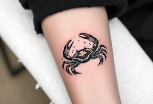 A black crab climbs along the Cancer constellation, outlined in tiny silver dots. tattoo idea