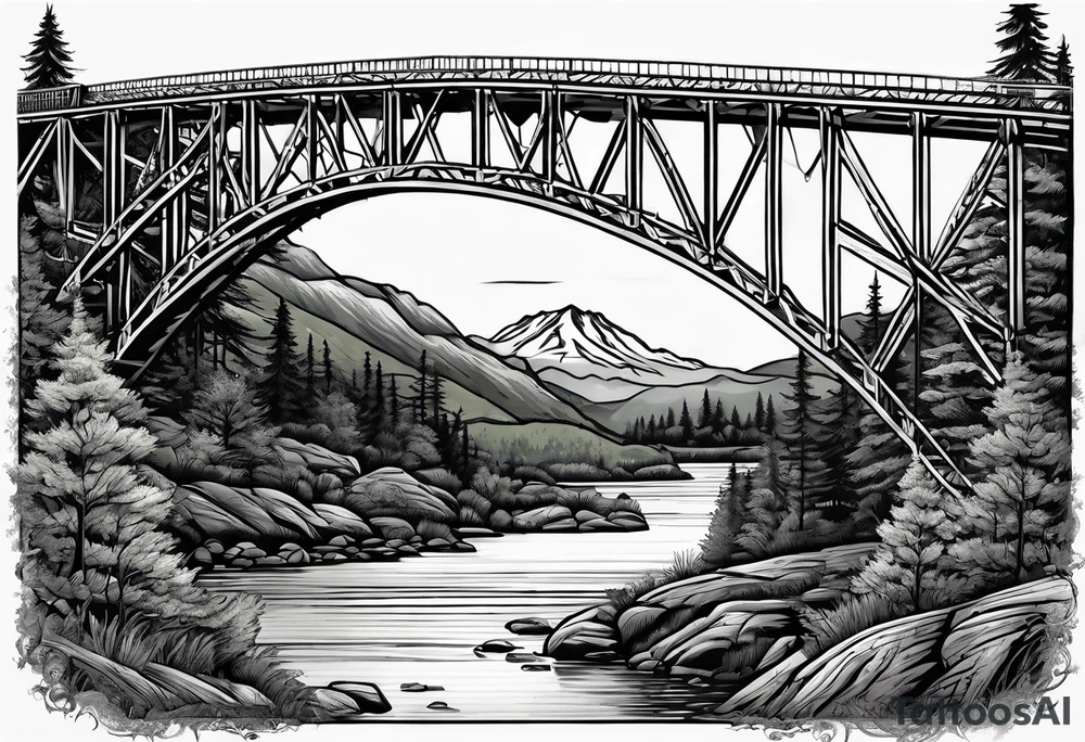 steel truss cantilever bridge over river, mountains, sky, trees, pacific northwest tattoo idea