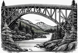 steel truss cantilever bridge over river, mountains, sky, trees, pacific northwest tattoo idea