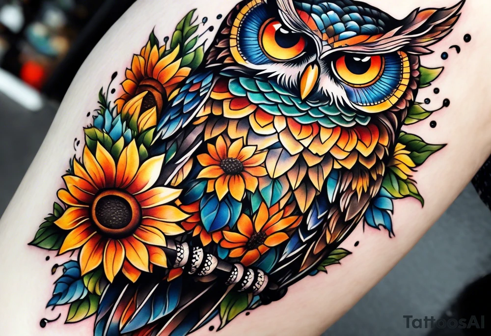 Leg sleeve with colorful sunflowers and an owl tattoo idea