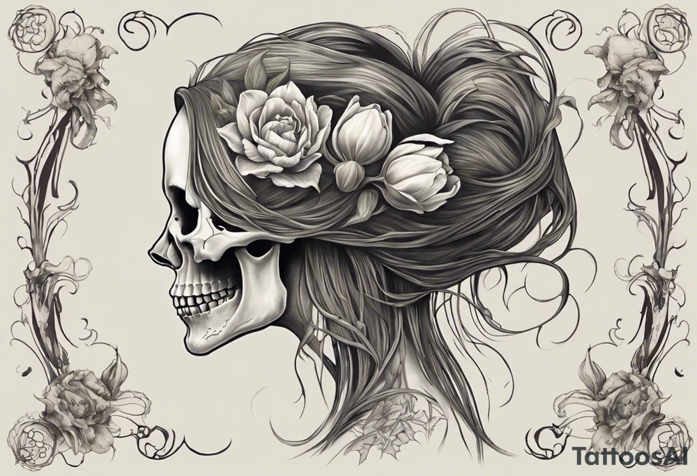 A profile view of a smiling female skull adorned with flowing, long hair, surrounded by symbolism representing the cycle of life and decay. Include a contrast between a fully decayed tulip, a pristine and vibrant tulip in full bloom, and a delicate tulip bud, all harmonizing with the eerie yet beautiful ambiance of the scene. tattoo idea