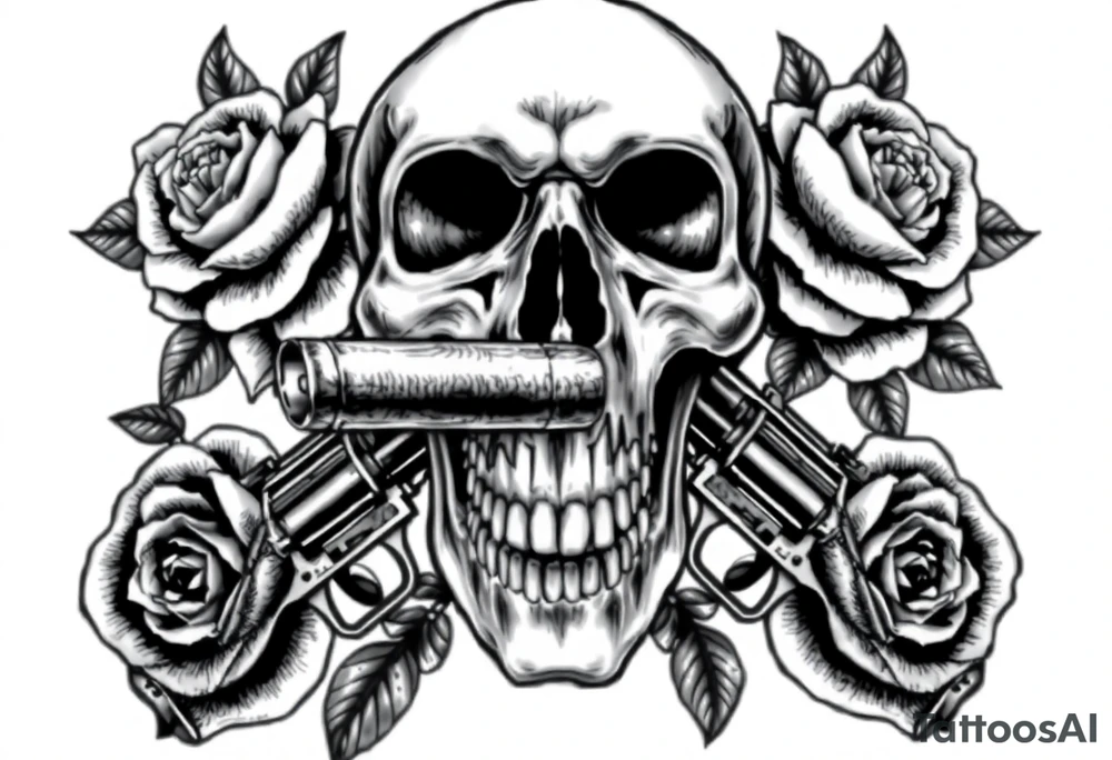 Skull with a large cigar, crossed revolvers, and blooming roses. tattoo idea