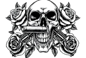 Skull with a large cigar, crossed revolvers, and blooming roses. tattoo idea