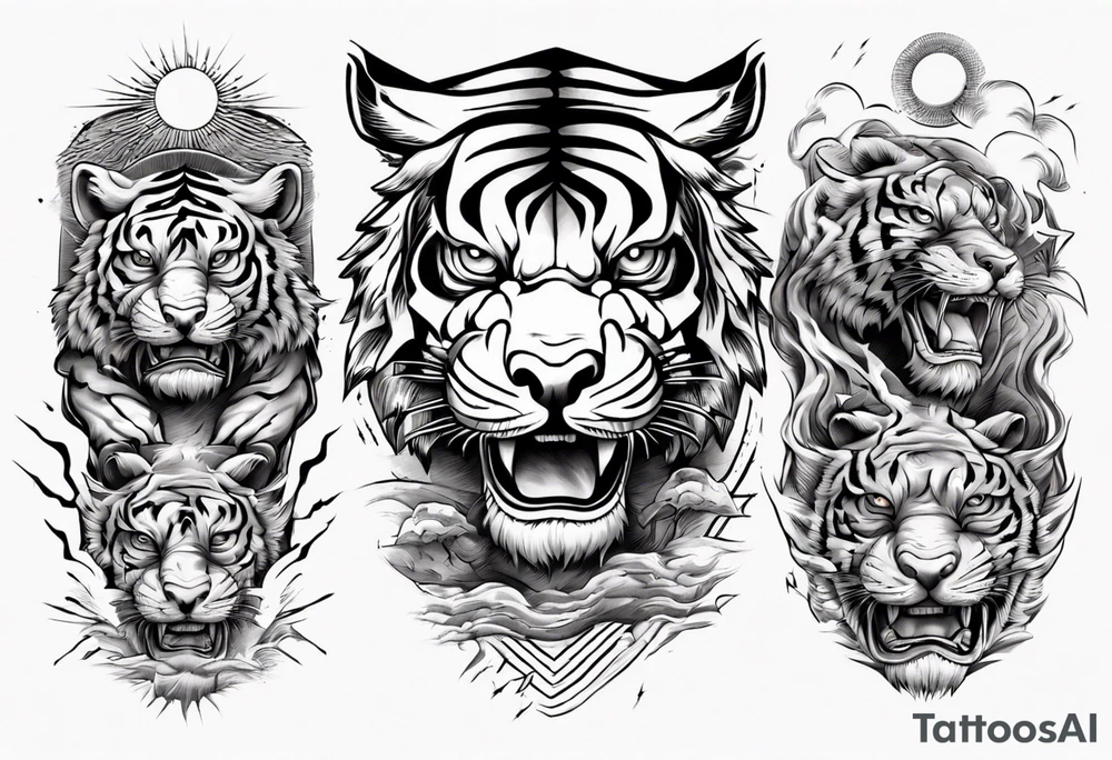 Ancient tiger with lightning and a sun for a forearm sleeve. With patterns surrounding it tattoo idea