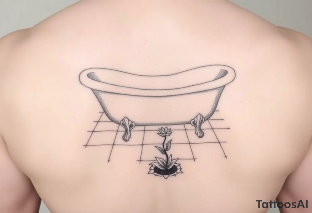 clawfoot bathtub on a tile floor and flower coming up out of a small crack on the floor tattoo idea
