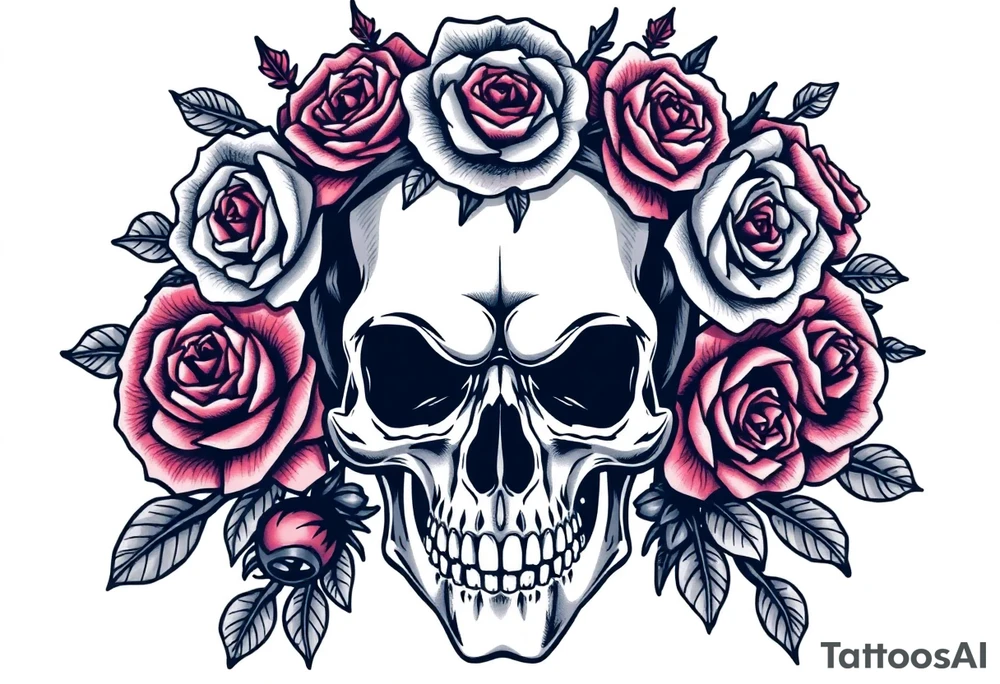 ornate skull adorned with crown of wild roses and thorns tattoo idea