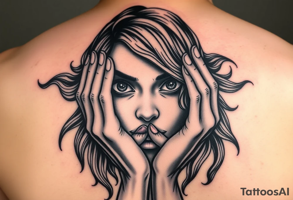 Women that has big eyes but her eyes are covered by both her hands for see no evil and her nose is normal but she is bitting down on her lip so she won't talk for speak no evil and even though she has waves lo g haid that's flying down her face and back you can see both her ears and both her ears are bleeding for hear no evil tattoo idea