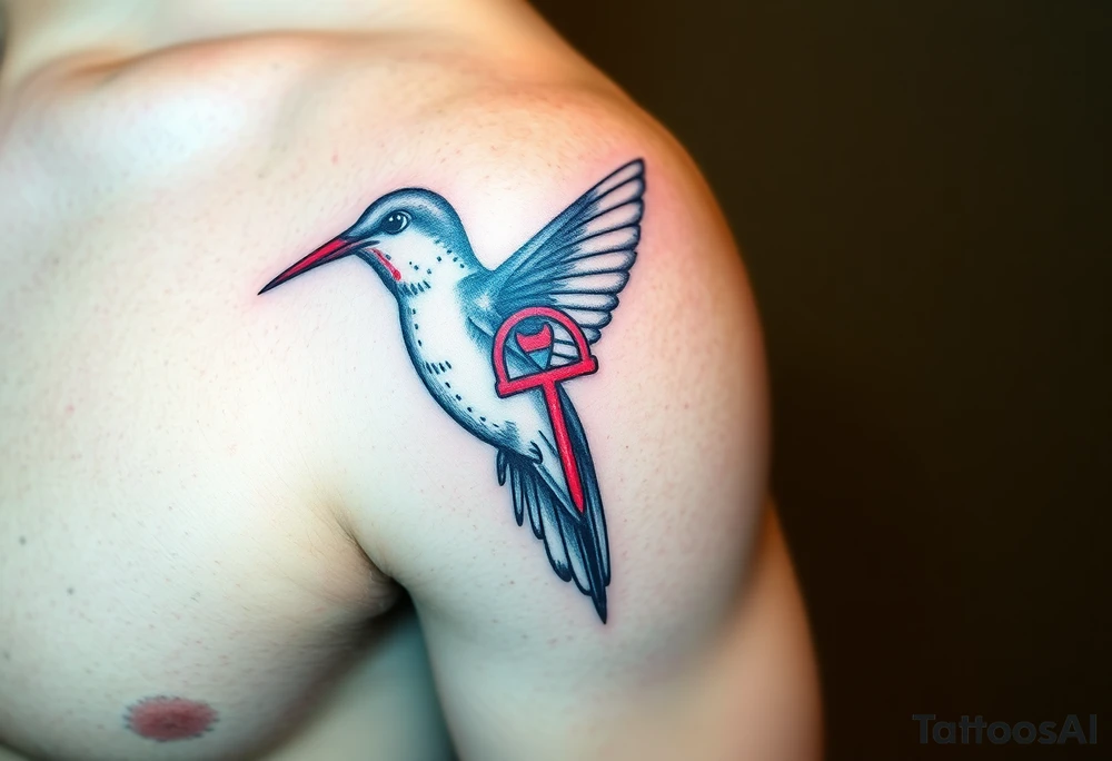 A hummingbird carrying an ankh in its beak
 (only red , blue and black are possible colors) tattoo idea