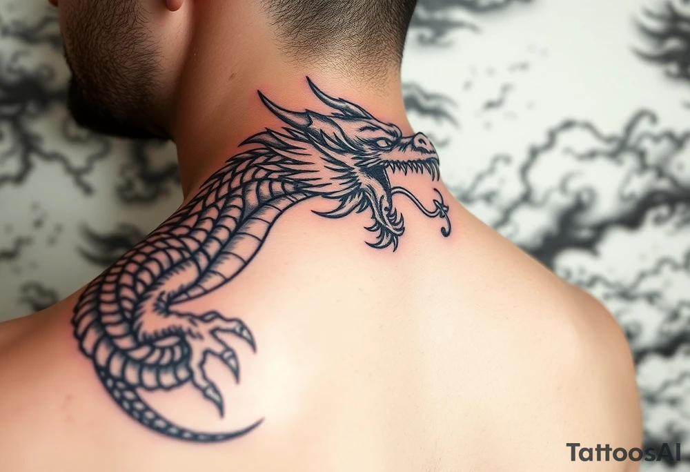 fierce dragon breathing iridescent fire against stormy skies tattoo idea