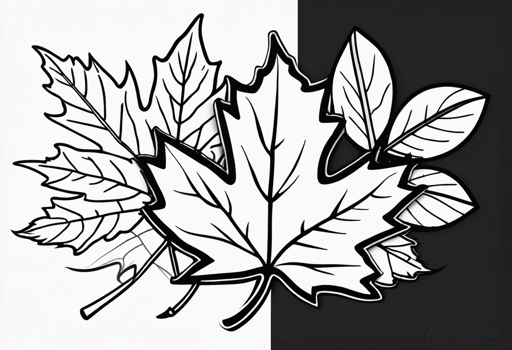 a maple leaf and tudor rose in the forefront with a vertical rectangle on the left side in the background tattoo idea