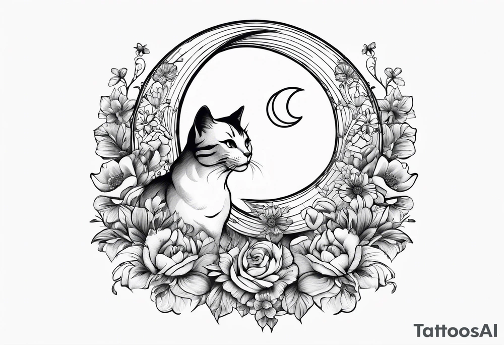 2 cats in laid crescent moon with flowers and paw prints tattoo idea