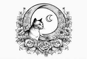 2 cats in laid crescent moon with flowers and paw prints tattoo idea