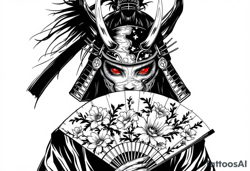 Woman samurai with red eyes wearing an half and broken kitsune mask, holding a japanese fan with Sakura flowers tattoo idea