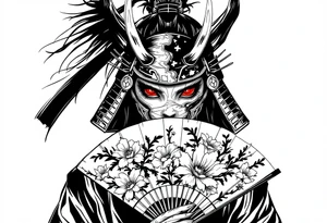 Woman samurai with red eyes wearing an half and broken kitsune mask, holding a japanese fan with Sakura flowers tattoo idea