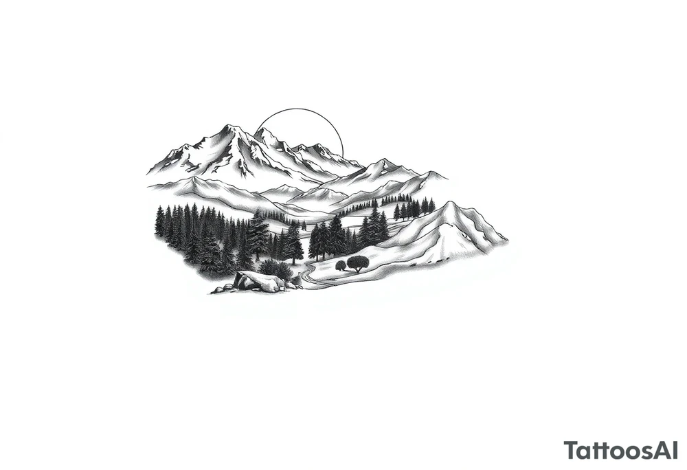 Tattoo stencil design, full sleeve. A journey through California: the top starts with a vibrant sunset over snowy peaks, transitioning down into a lush forest, then a stark desert, and ending at the wrist with ocean surf. The entire scene is viewed through a geometric lens, using "sacred geometry" patterns to divide the sections. Clean black and grey realism with sharp line work. No shading on the background, white background only. tattoo idea