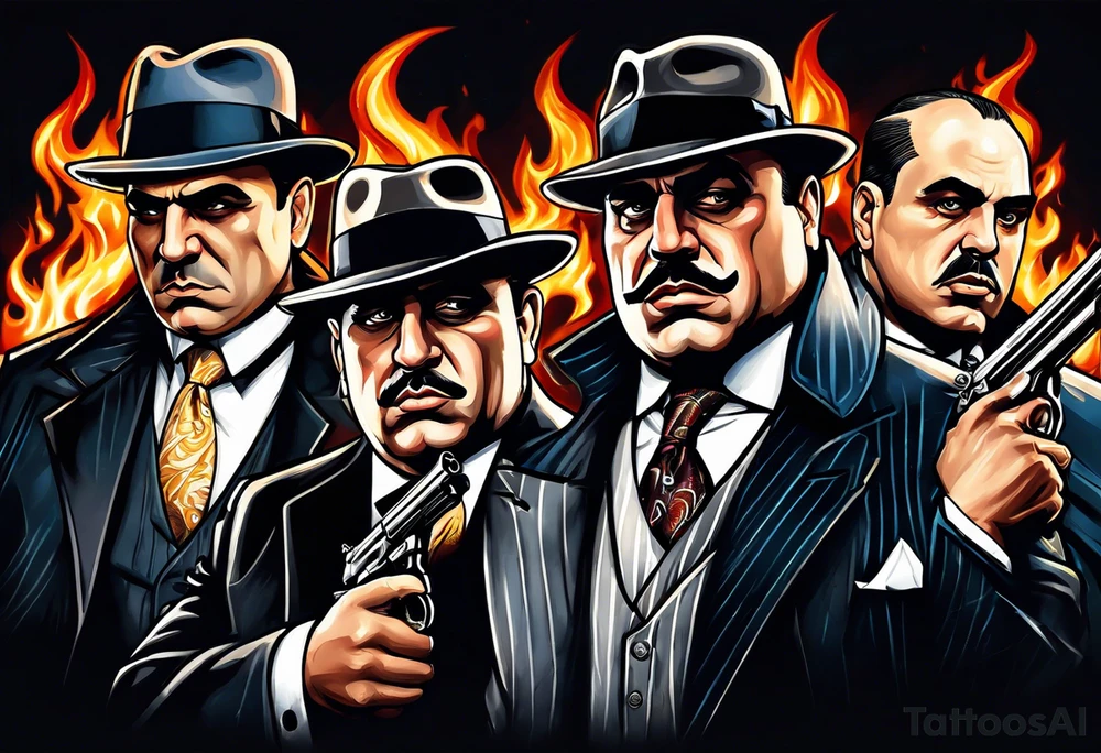 capone style gangsters having a shootout against a dark background scene with flames blues tattoo idea